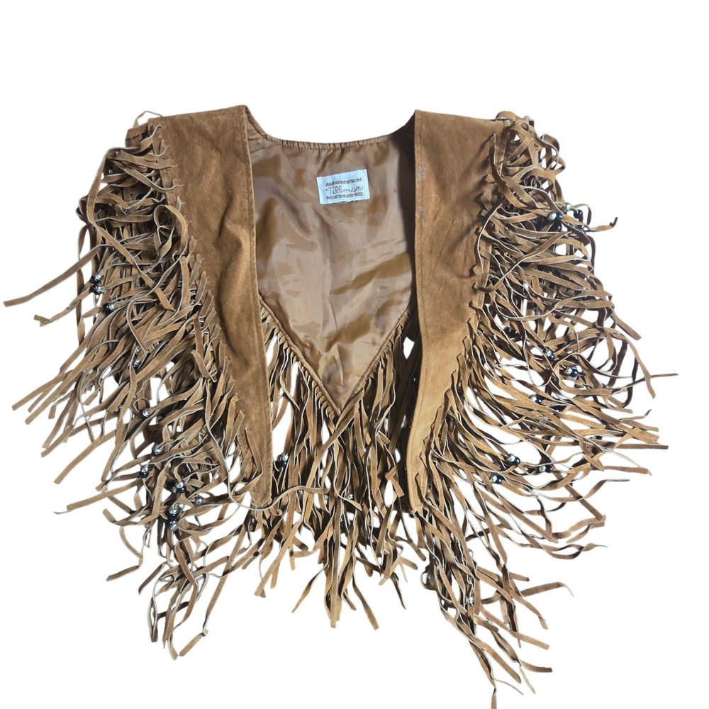 Vintage Tillman Suede Leather Beaded Fringe Western Vest S Biker Boho Festival